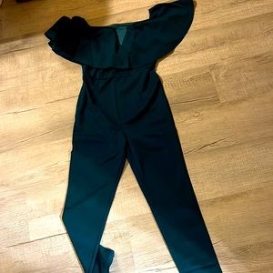 Green, off the shoulders, jumpsuit. Size XS. Breast area has a wire and support